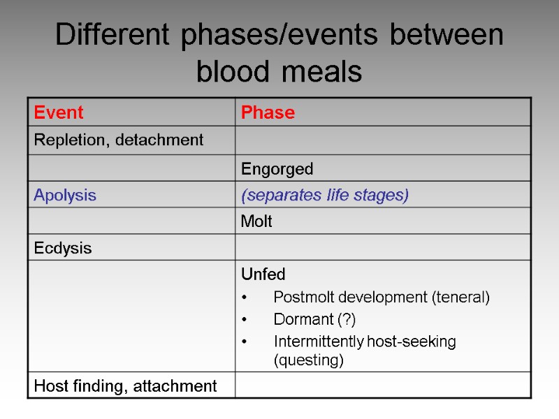 Different phases/events between blood meals
